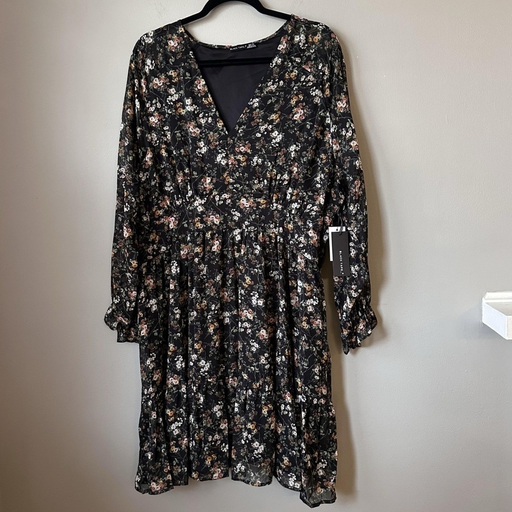 Black Tape Dress 2X Black‎ Garden Floral Chiffon Fit Flare Long Sleeve Fairy